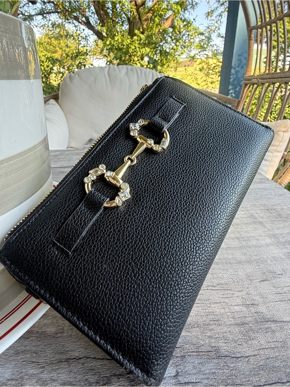 Anne Klein Black Pebbled Leather Wallet/Wristlet with Gold Crystal like Hardware